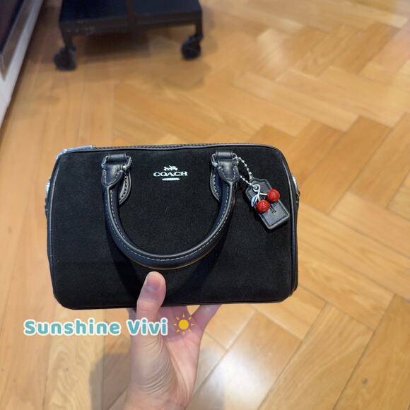 NWT Coach Mini Rowan Crossbody Bag With Cherry Charm In Suede/Sv/Black CDC93 - Picture 2 of 9